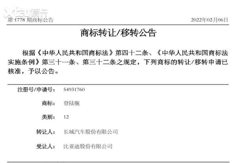 喜提“登陆舰” 长城转让商标给比亚迪，背后的商标江湖
